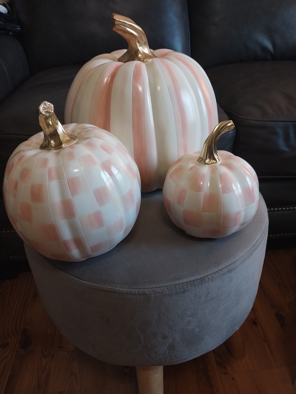MacKenzie-Childs White and Blush Pink Check & Stripe Ceramic Pumpkin Trio